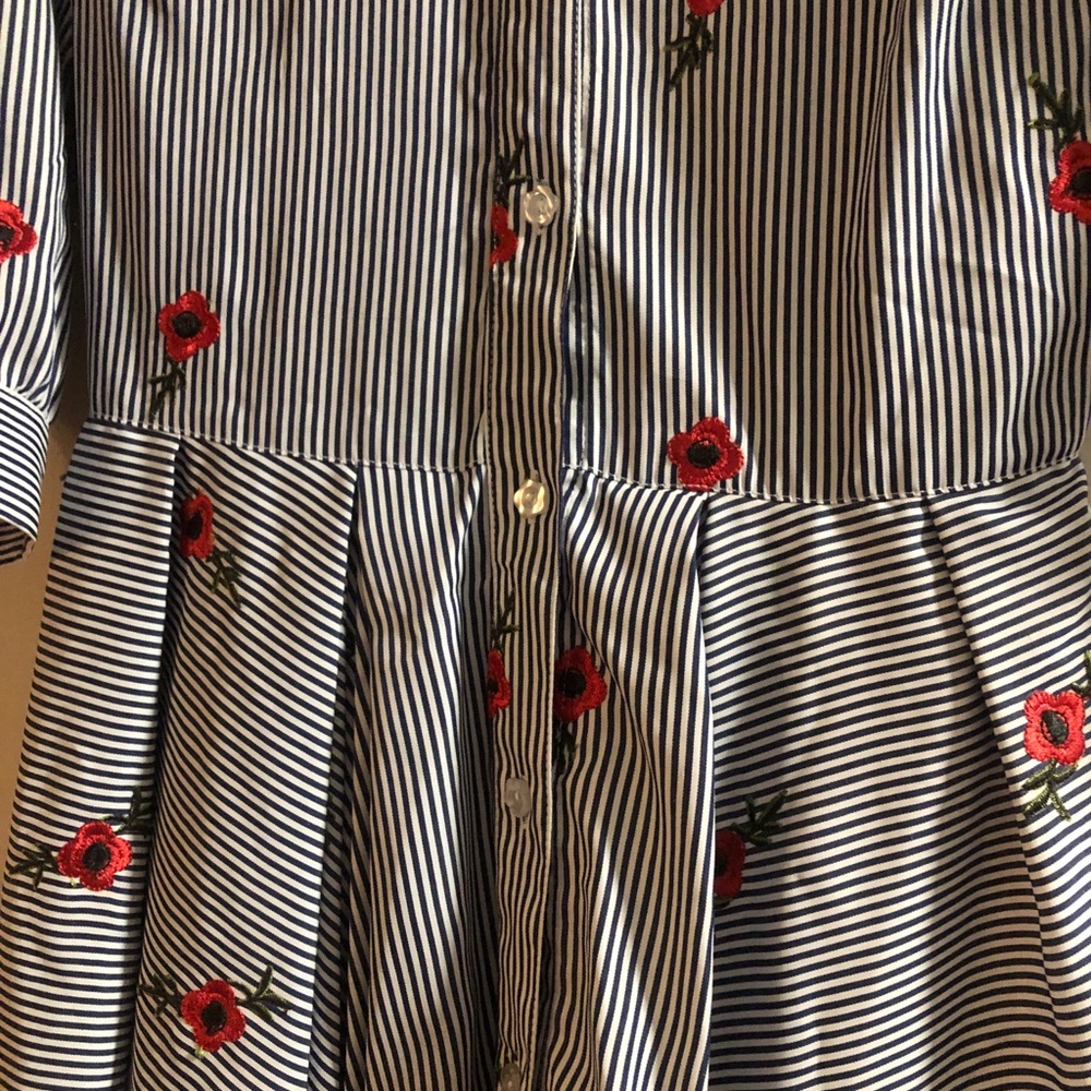 Betsey Johnson Navy Striped Shirt with Red Floral Detail and Flower Buttons - Picture 4 of 6